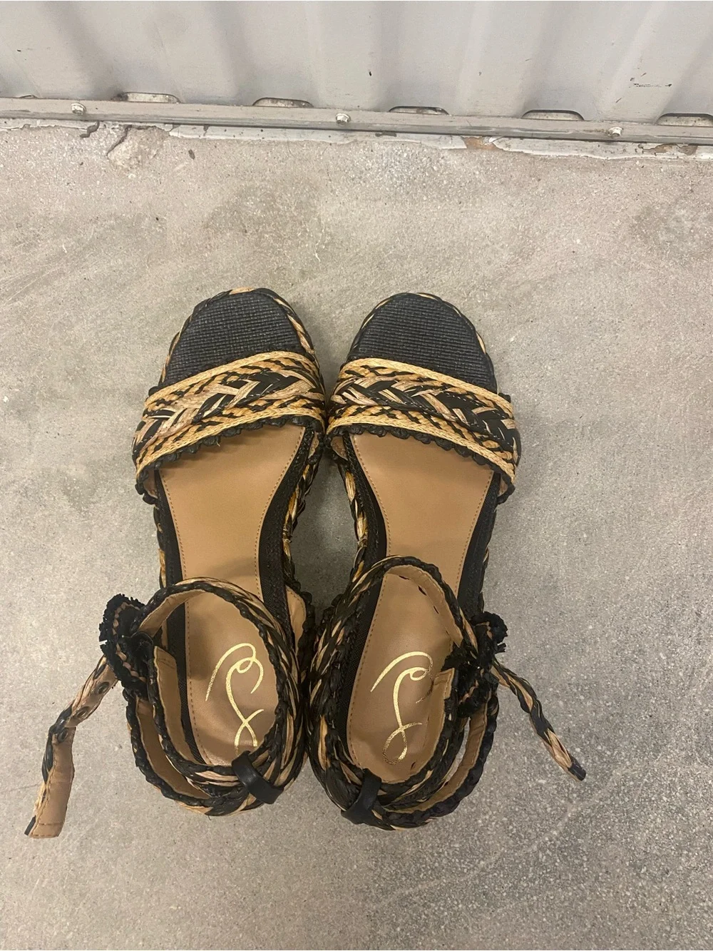 Sam Edelman Woven Platform Block Heel Sandals - Black and Natural, Size 9